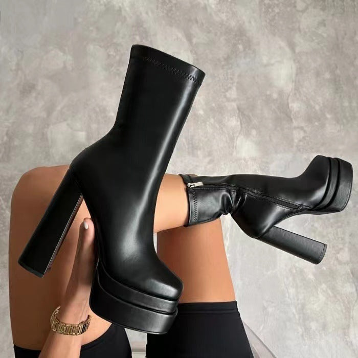 Black Chunky Heel Boots – Stylish Platform Leather Boots for Women