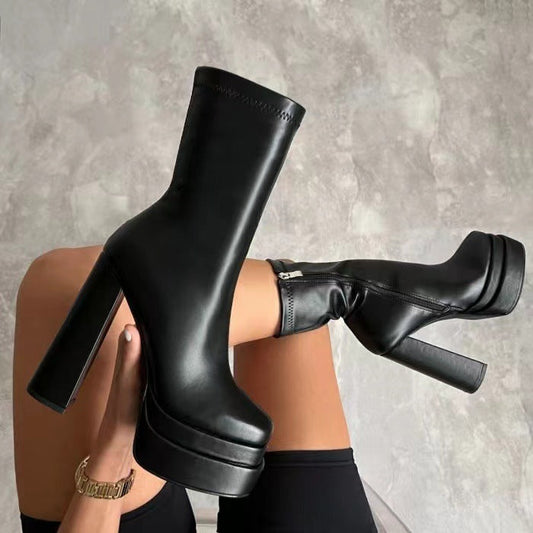 Black Chunky Heel Boots – Stylish Platform Leather Boots for Women