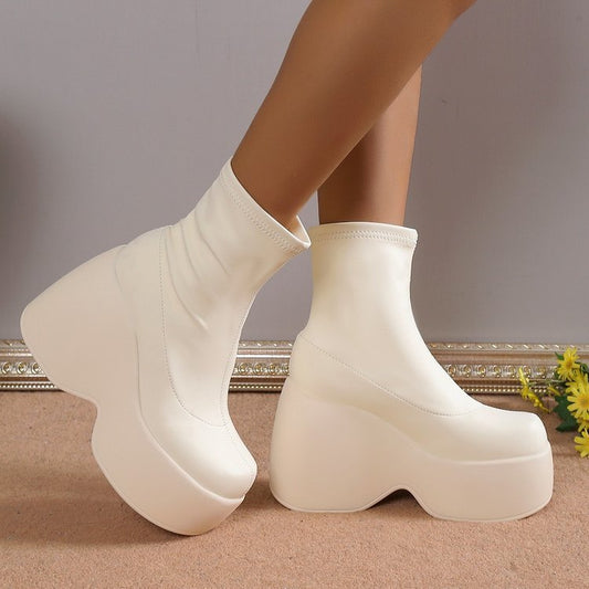 Stylish Leather Wedge High Heel Walking Boots for Women