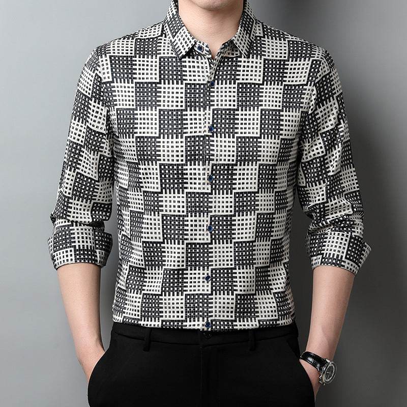 Men’s Long Sleeve T-Shirt – Trendy Plaid Lapel Shirt - MODISH X