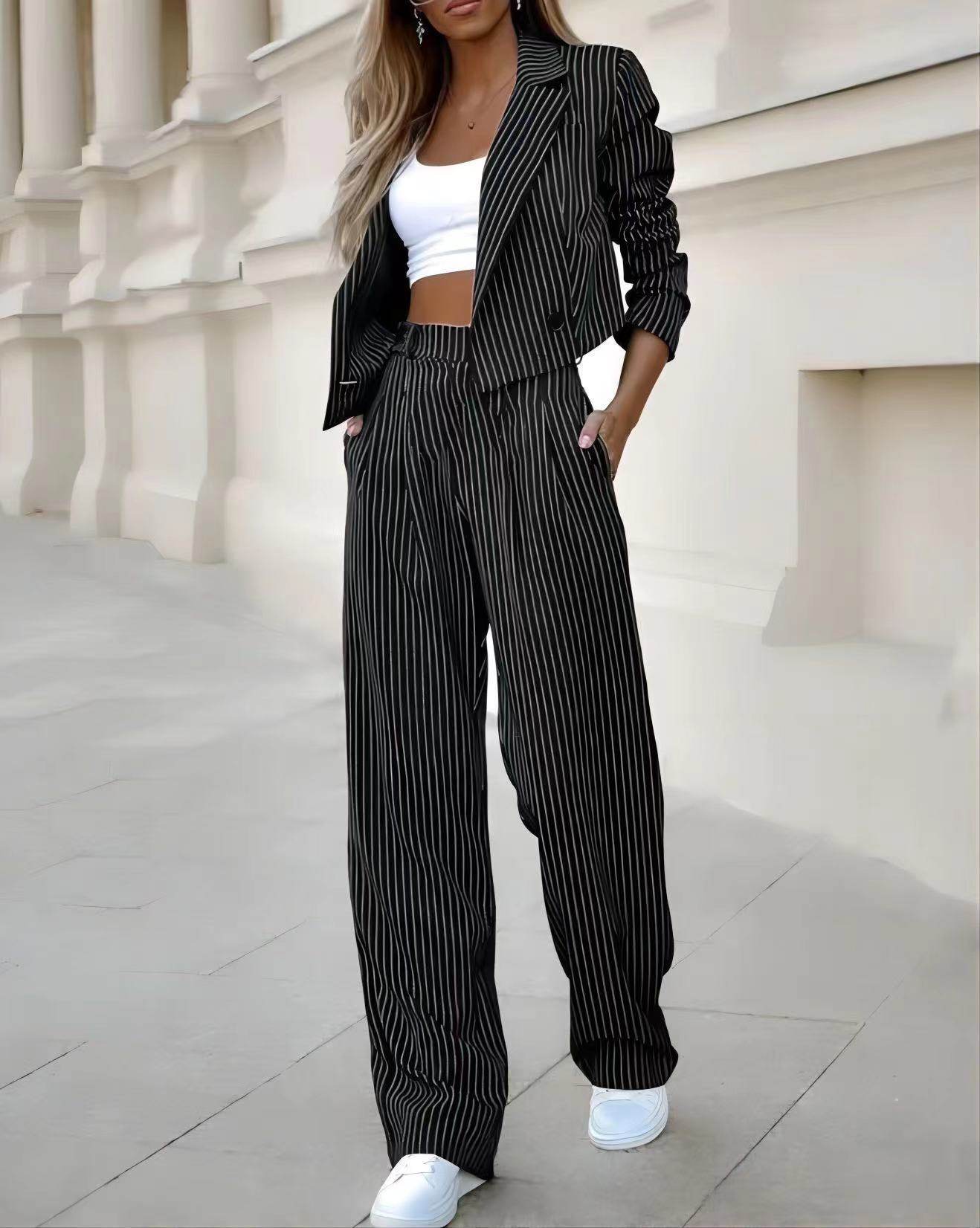 Women’s Fashion Striped Suits with Long Sleeve & Cropped Top - MODISH X