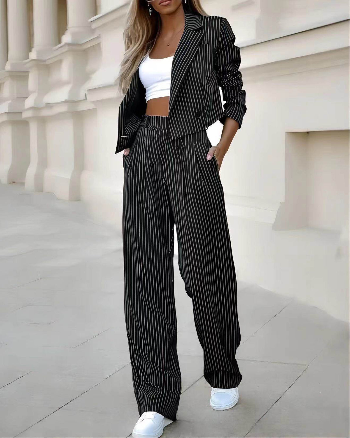 Women’s Fashion Striped Suits with Long Sleeve & Cropped Top - MODISH X