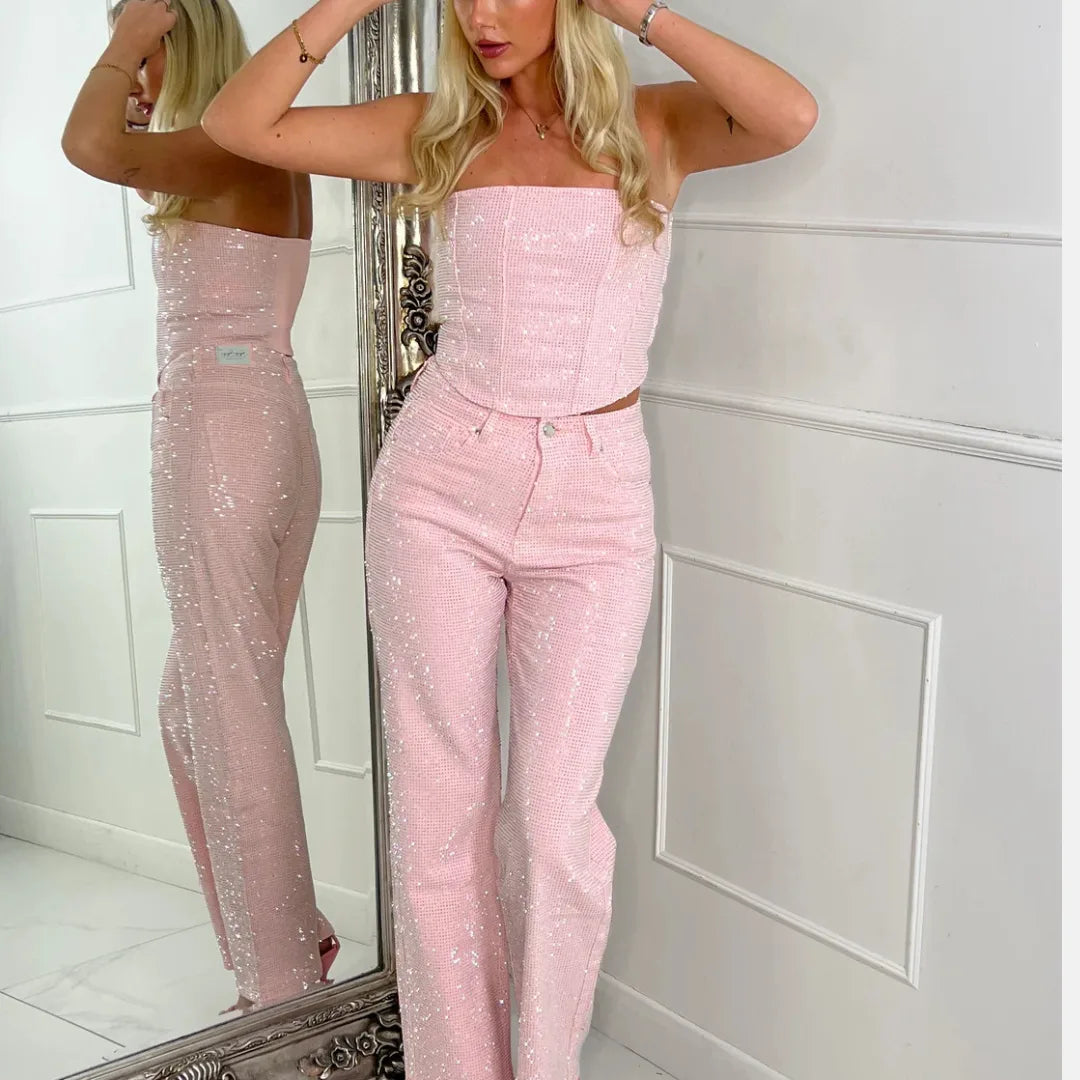 Women’s Shiny Sequined Vest Pants Set 2025 – Sexy Strapless UK Streetwear