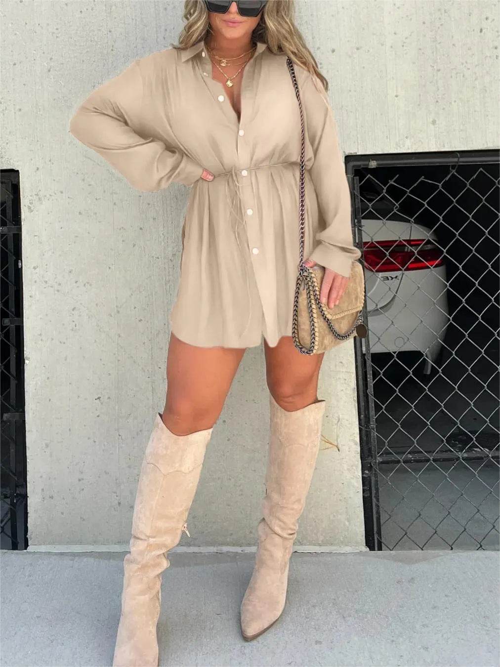 Women's Long Sleeve Jumpsuit with Button – Fashion Shirt Dress - MODISH X