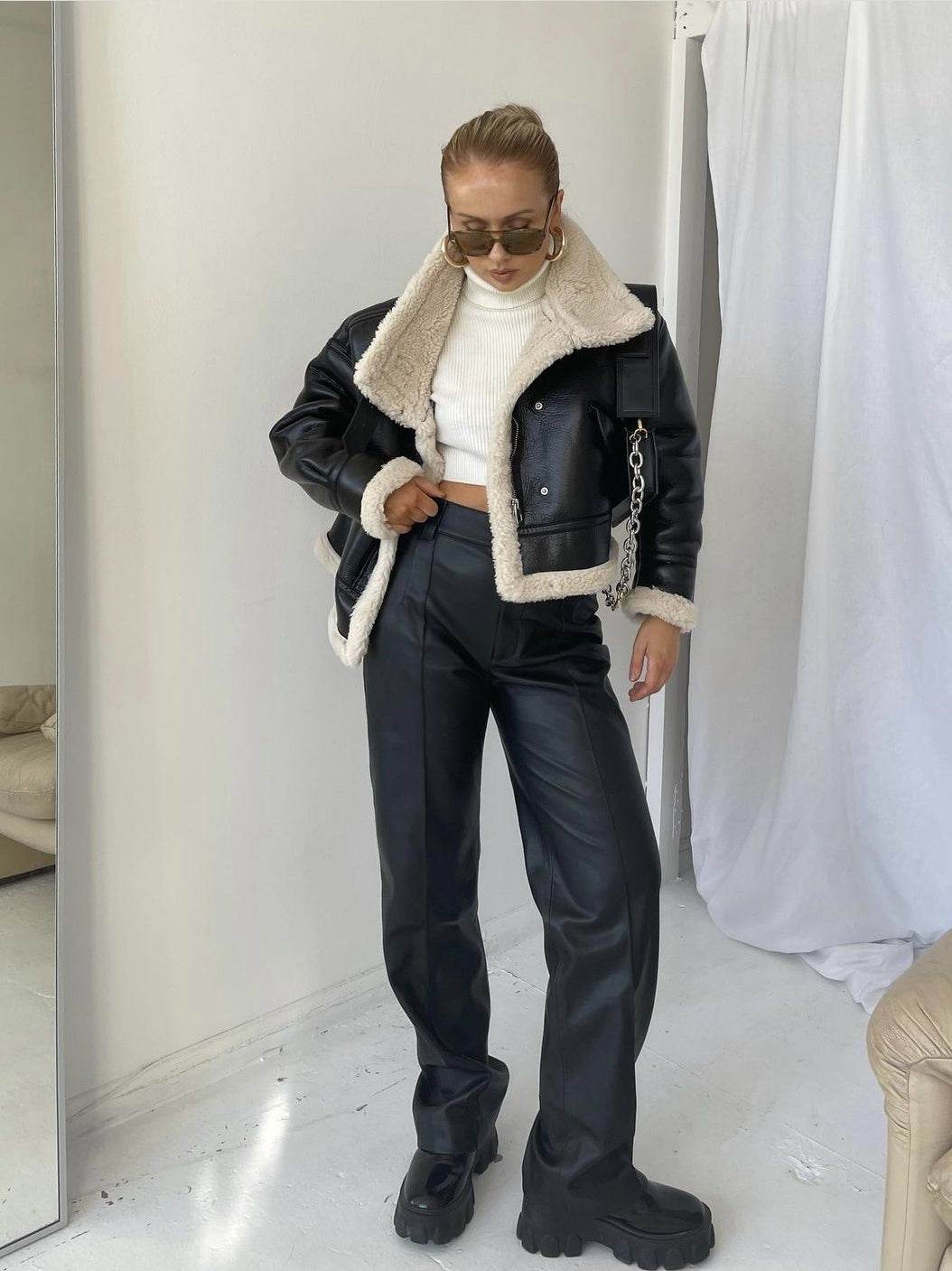 Women's Leather Short Coat – Wool Collar, Chic & Warm Eco-Friendly Outerwear - MODISH X