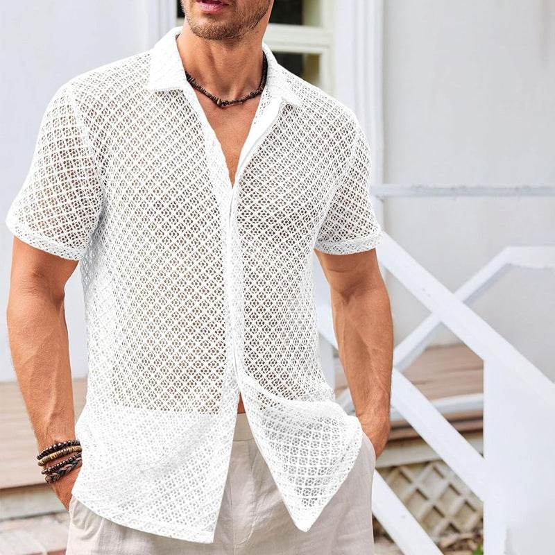 Men’s Summer Mesh Lapel Shirt – Solid Color Beach Style Essentials - MODISH X