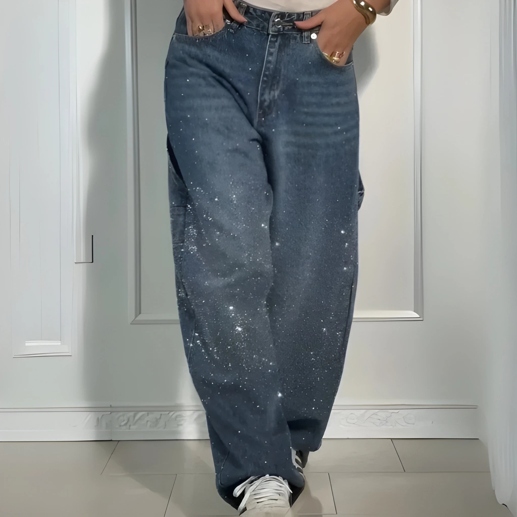 Women’s Rhinestone Harem Jeans – High Waist Wide-Leg Street Style UK