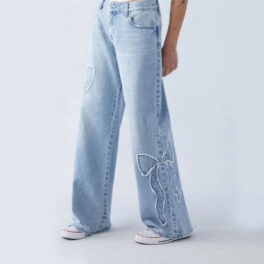 Women's Butterfly Embroidered Jeans – Stylish Straight-Leg Walking Trousers
