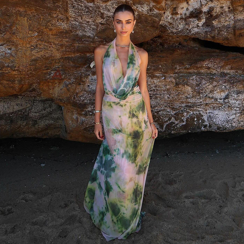 Women's Tie-Dye Deep V-Neck Long Dress – Trendy UK Modish Style
