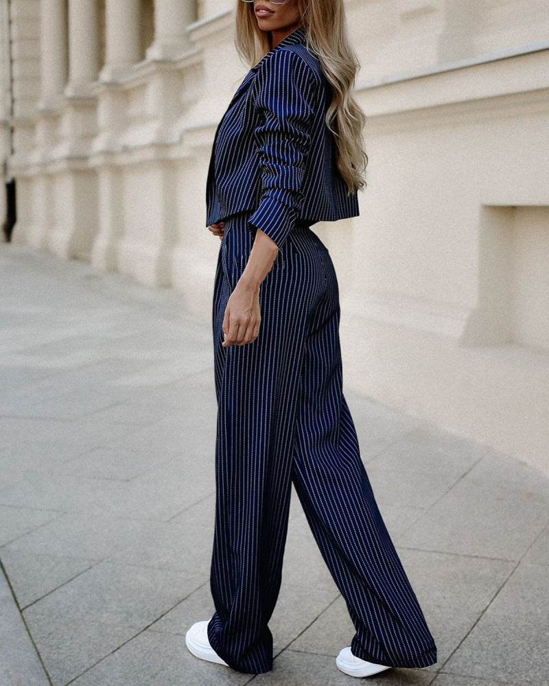 Women’s Fashion Striped Suits with Long Sleeve & Cropped Top - MODISH X
