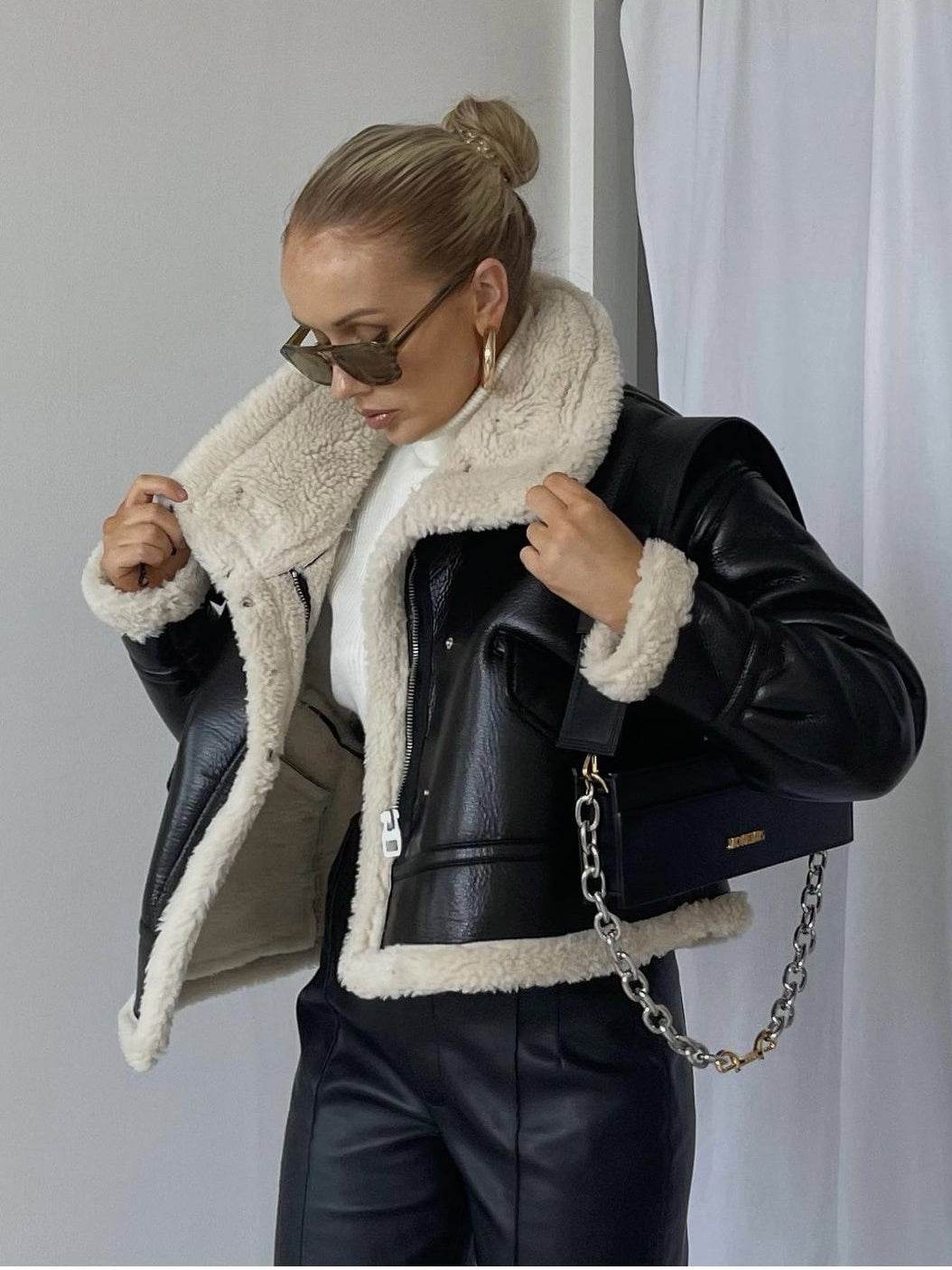 Women's Leather Short Coat – Wool Collar, Chic & Warm Eco-Friendly Outerwear - MODISH X