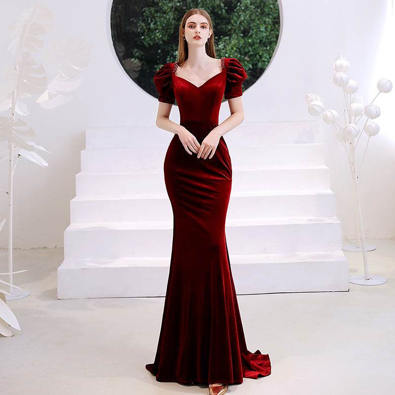 Women's Elegant Red Evening Dress with Velvet Fishtail Design - MODISH X