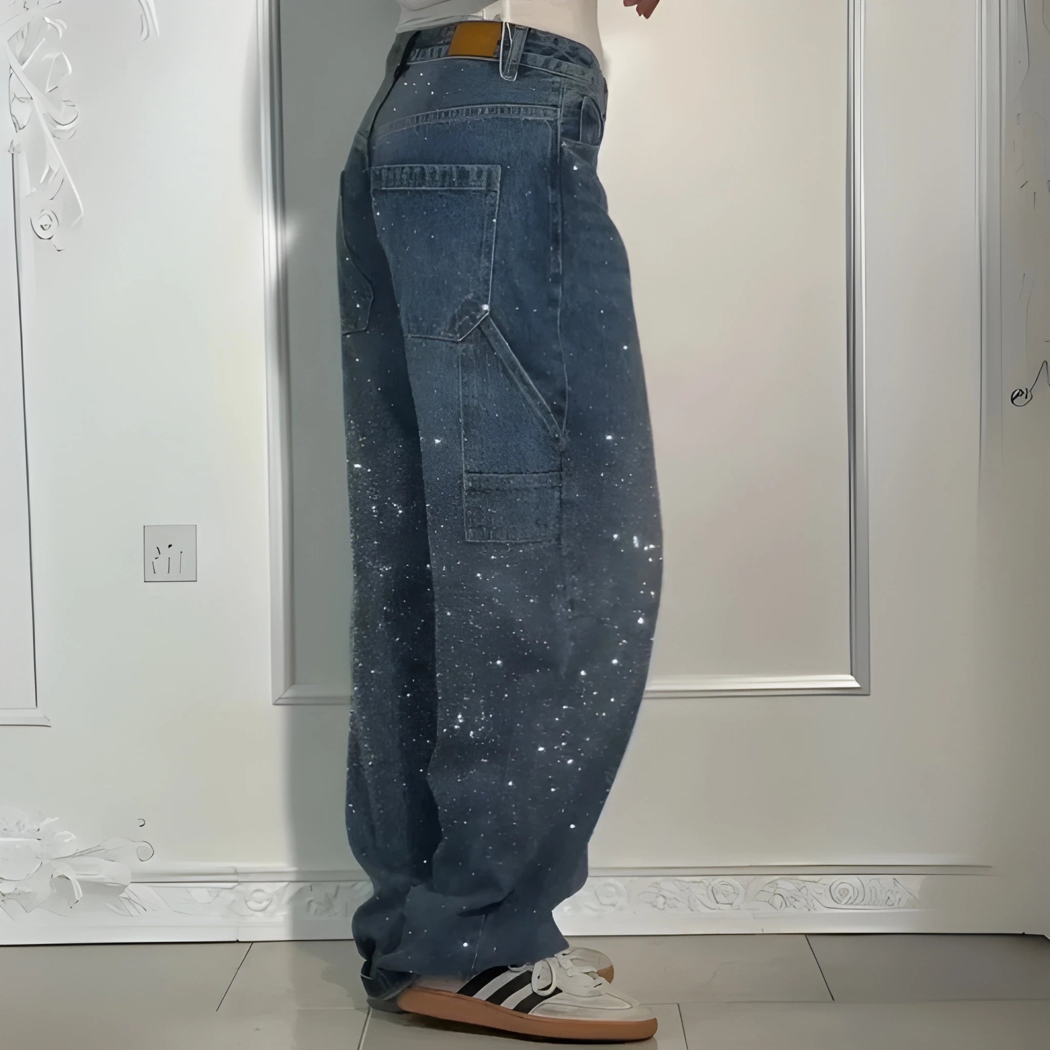 Women’s Rhinestone Harem Jeans – High Waist Wide-Leg Street Style UK
