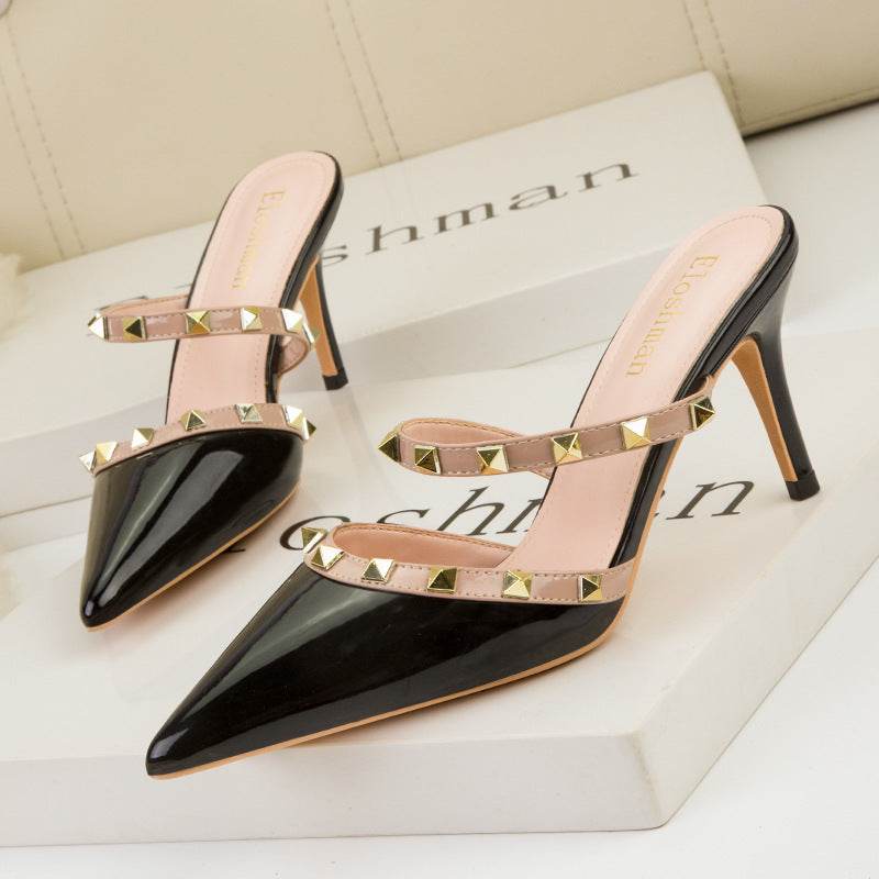 Leather Sandals for Women – Black Riveted High Heel Sandals - MODISH X