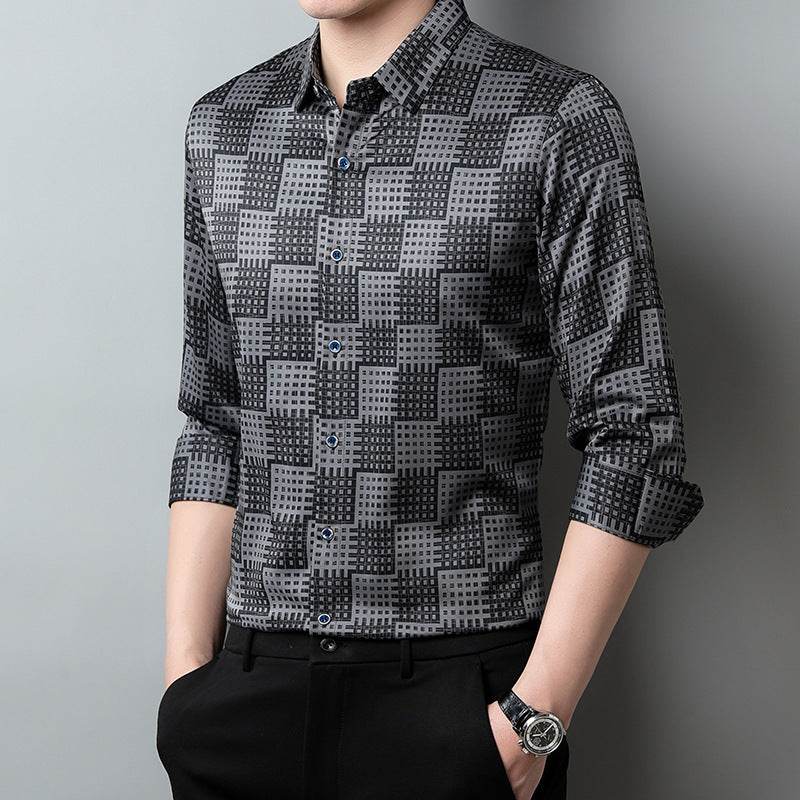 Men’s Long Sleeve T-Shirt – Trendy Plaid Lapel Shirt - MODISH X