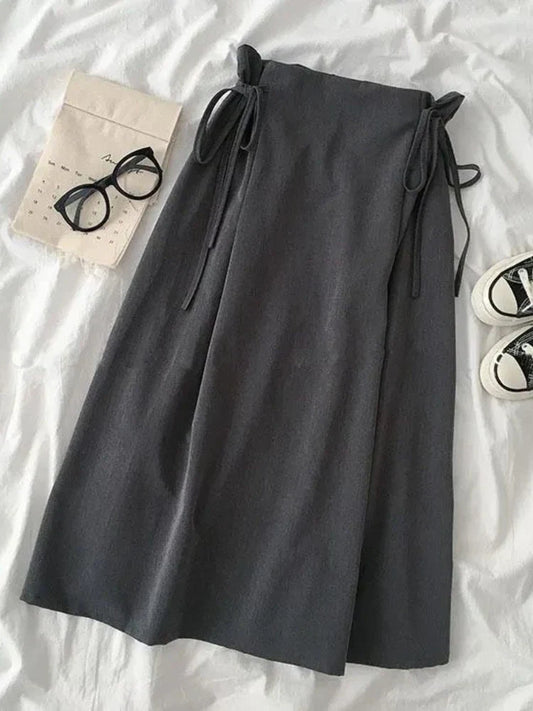 Women’s Korean A-Line Midi Skirt – High-Waist Lace-Up Design & Chic