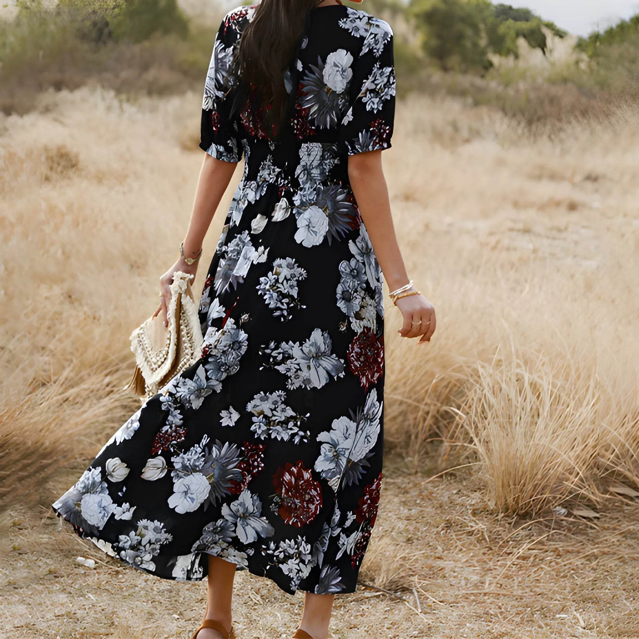 Women's Floral Summer Beach Dress – V-Neck Elastic Waist Style - MODISH X
