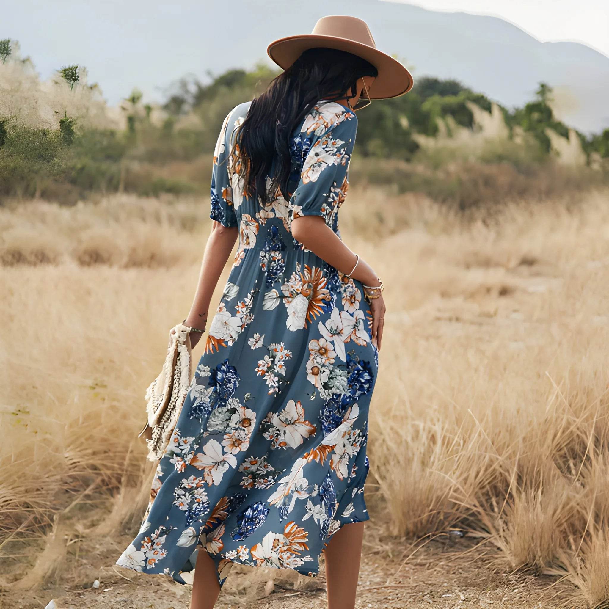 Women's Floral Summer Beach Dress – V-Neck Elastic Waist Style - MODISH X
