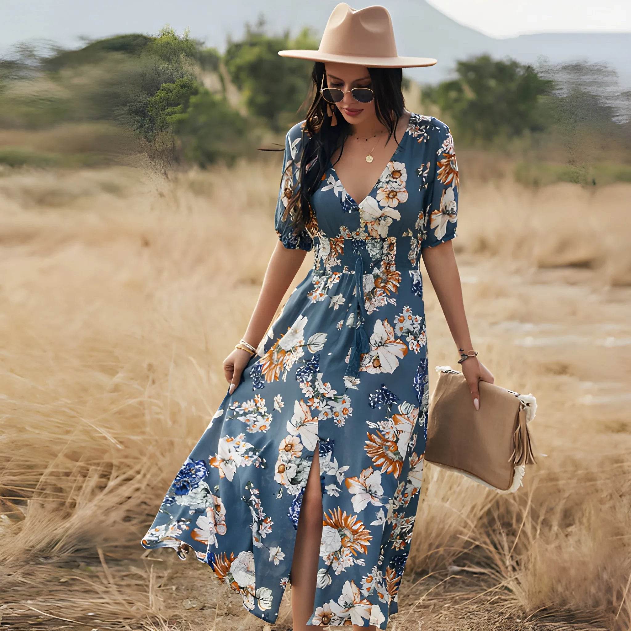 Women's Floral Summer Beach Dress – V-Neck Elastic Waist Style - MODISH X