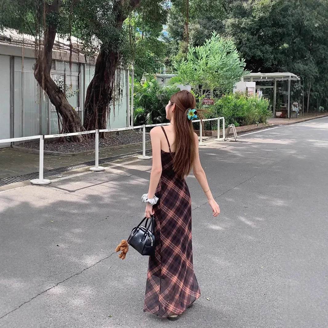 Women’s French Style Grid Strap Dress – Chic Summer Elegance - MODISH X