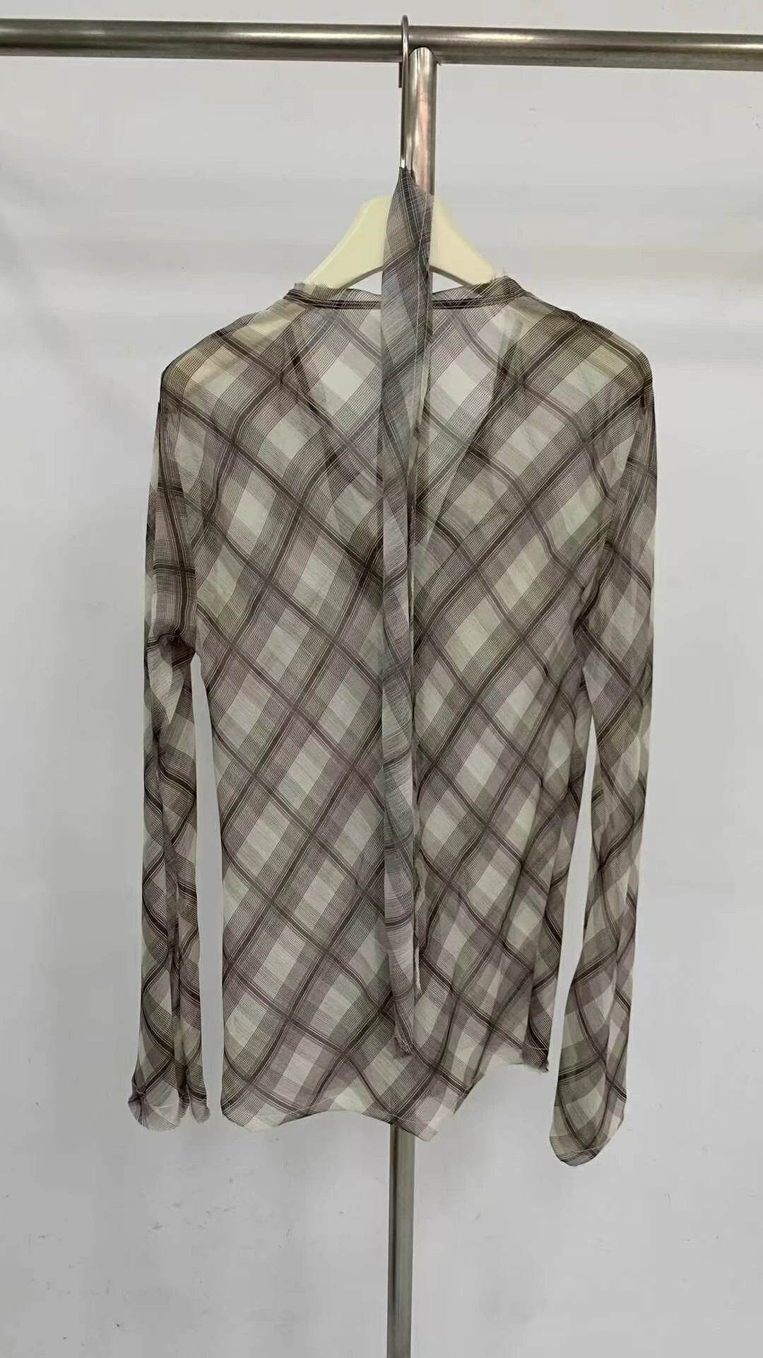 Women’s Check Print Brown Mesh Shirt – Vintage 90s Style Statement - MODISH X