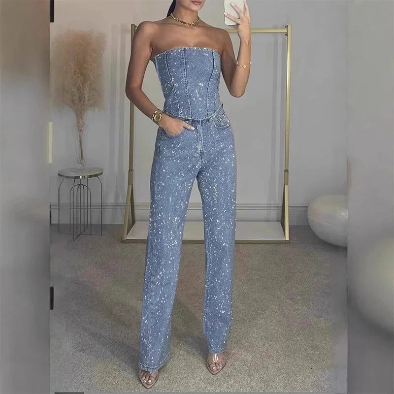 Women’s Shiny Sequined Vest Pants Set 2025 – Sexy Strapless UK Streetwear