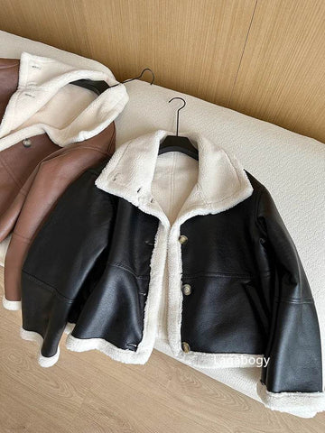 Lagabogy 2024 Winter New Faux Fur Fleece Short Coats Women Simple Stand Collar Lamb Wool Coat Office Lady Solid Color PU Jacket - MODISH X