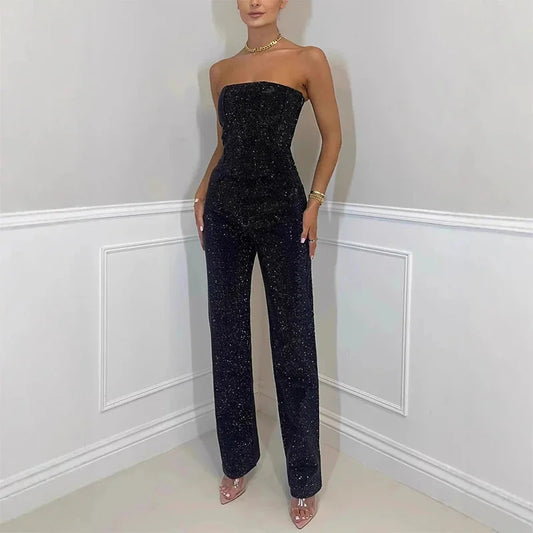 Women’s Shiny Sequined Vest Pants Set 2025 – Sexy Strapless UK Streetwear