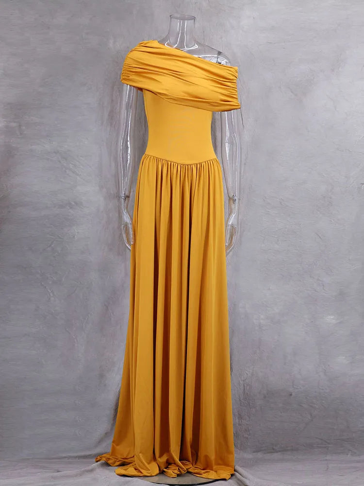 Women’s Retro One Shoulder Ruched Maxi Dress – Elegant Holiday Look