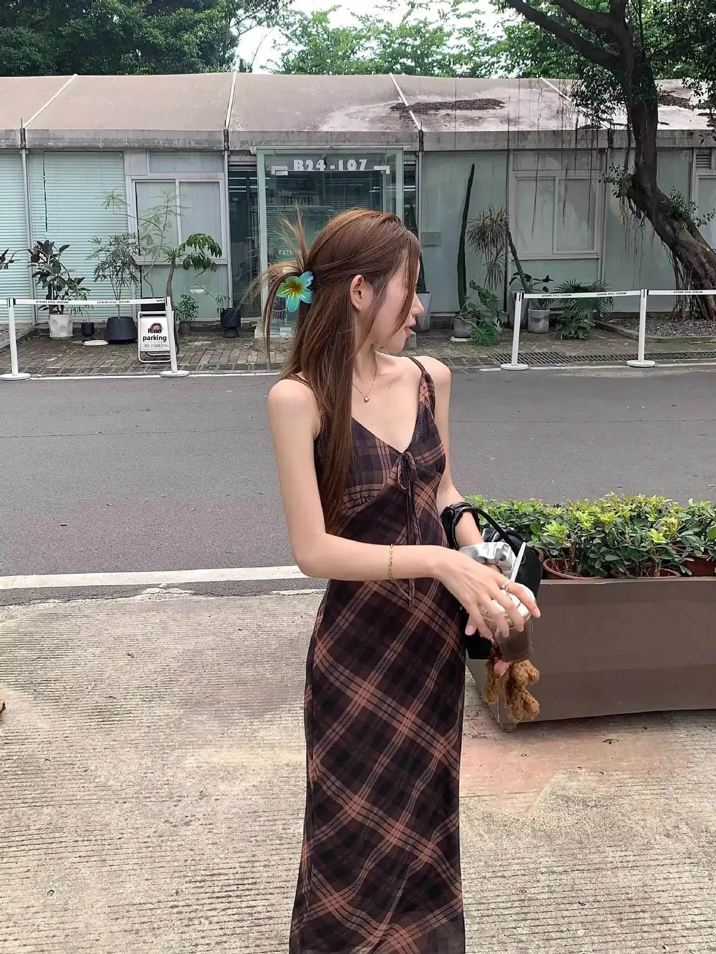 Women’s French Style Grid Strap Dress – Chic Summer Elegance - MODISH X