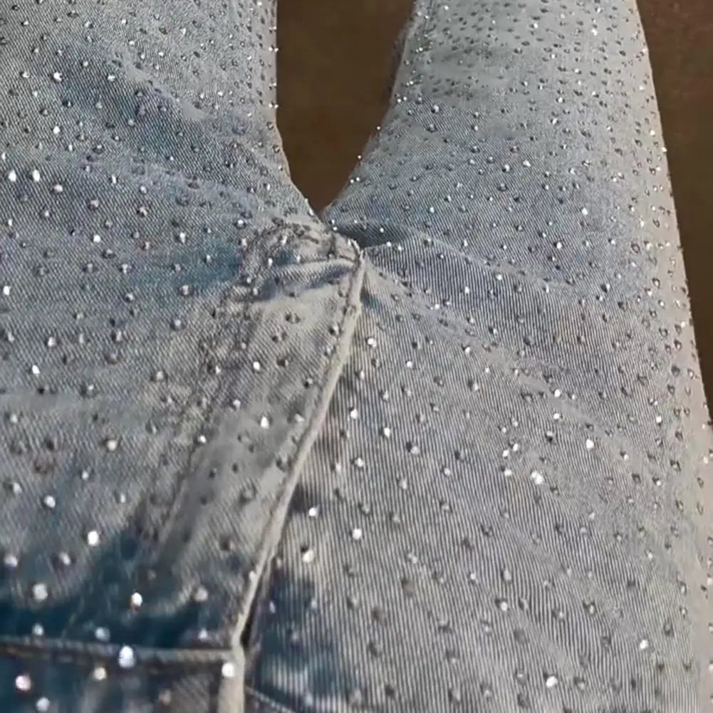 Women’s Full Rhinestone Denim Pants – Glamorous High Waist Street Style