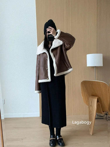 Lagabogy 2024 Winter New Faux Fur Fleece Short Coats Women Simple Stand Collar Lamb Wool Coat Office Lady Solid Color PU Jacket - MODISH X