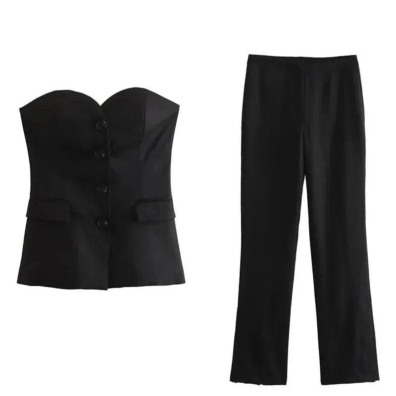 Women’s Elegant Front Button Strapless Pant Suit Set – Chic & Classy - MODISH X