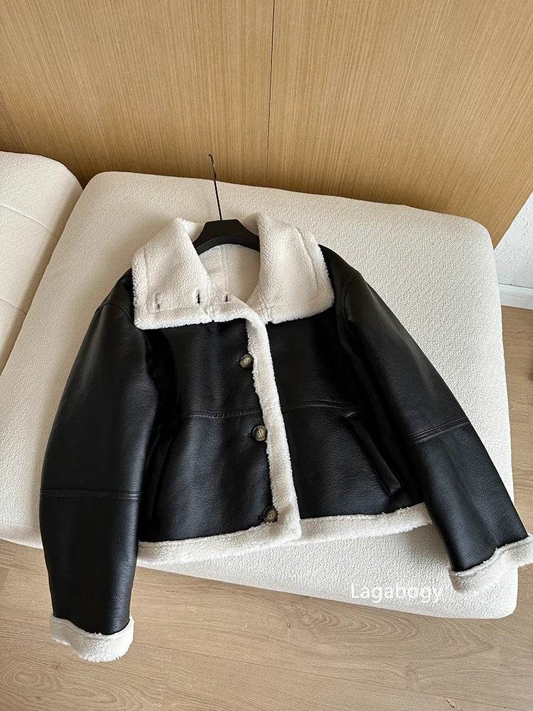 Lagabogy 2024 Winter New Faux Fur Fleece Short Coats Women Simple Stand Collar Lamb Wool Coat Office Lady Solid Color PU Jacket - MODISH X
