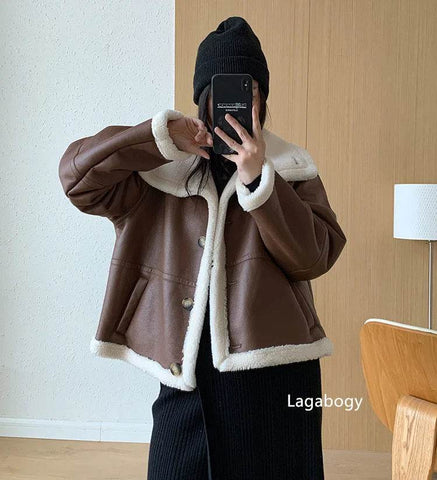Lagabogy 2024 Winter New Faux Fur Fleece Short Coats Women Simple Stand Collar Lamb Wool Coat Office Lady Solid Color PU Jacket - MODISH X