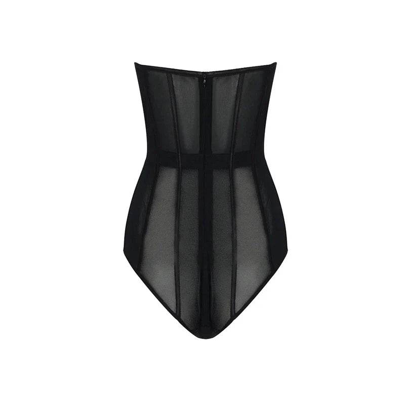 MSMUSI 2024 New Fashion Women Sexy Black Strapless Lace Mesh Sleeveless Backless Bodycon Party Slim Bodysuit Celebrate Vestidos - MODISH X