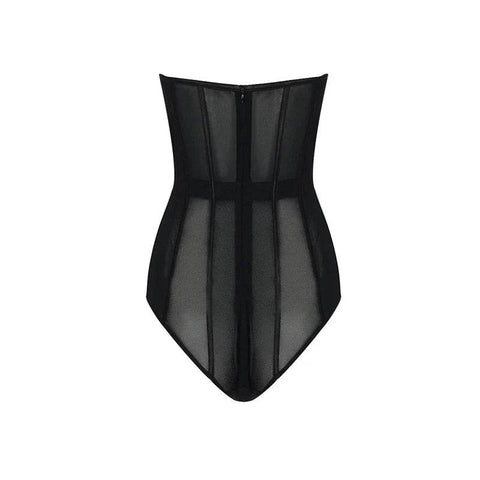 MSMUSI 2024 New Fashion Women Sexy Black Strapless Lace Mesh Sleeveless Backless Bodycon Party Slim Bodysuit Celebrate Vestidos - MODISH X