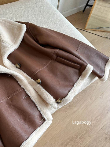Lagabogy 2024 Winter New Faux Fur Fleece Short Coats Women Simple Stand Collar Lamb Wool Coat Office Lady Solid Color PU Jacket - MODISH X
