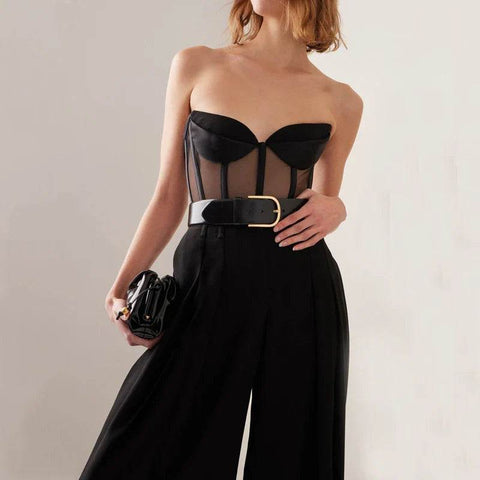 MSMUSI 2024 New Fashion Women Sexy Black Strapless Lace Mesh Sleeveless Backless Bodycon Party Slim Bodysuit Celebrate Vestidos - MODISH X