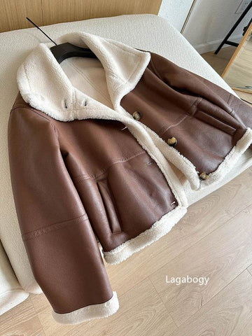 Lagabogy 2024 Winter New Faux Fur Fleece Short Coats Women Simple Stand Collar Lamb Wool Coat Office Lady Solid Color PU Jacket - MODISH X