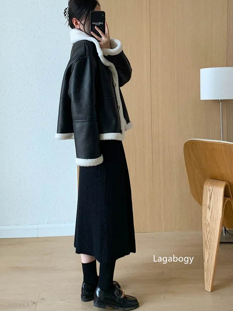 Lagabogy 2024 Winter New Faux Fur Fleece Short Coats Women Simple Stand Collar Lamb Wool Coat Office Lady Solid Color PU Jacket - MODISH X