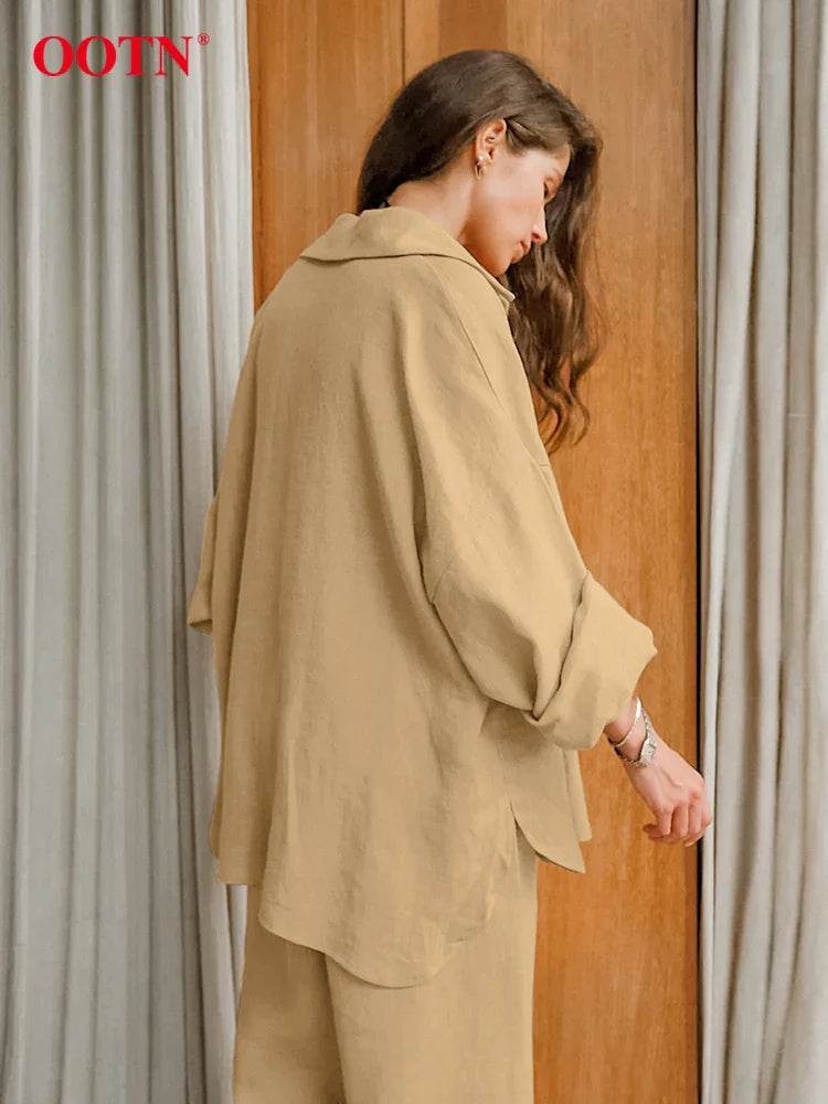 Women’s Khaki Linen 2-Piece Set – Stylish Summer Shirt & Pants Combo - MODISH X