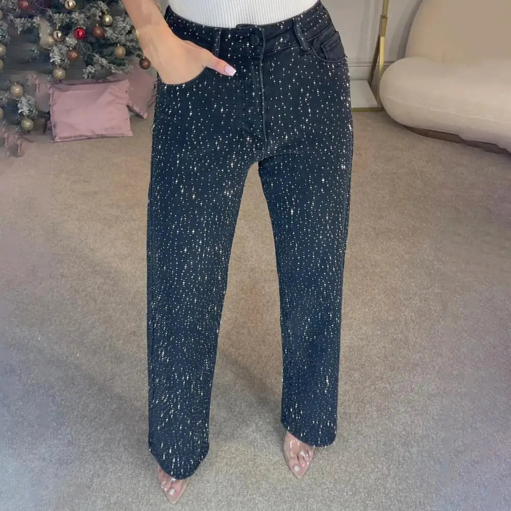 Women’s Full Rhinestone Denim Pants – Glamorous High Waist Street Style