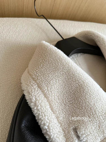 Lagabogy 2024 Winter New Faux Fur Fleece Short Coats Women Simple Stand Collar Lamb Wool Coat Office Lady Solid Color PU Jacket - MODISH X