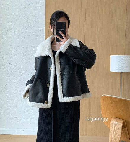 Lagabogy 2024 Winter New Faux Fur Fleece Short Coats Women Simple Stand Collar Lamb Wool Coat Office Lady Solid Color PU Jacket - MODISH X