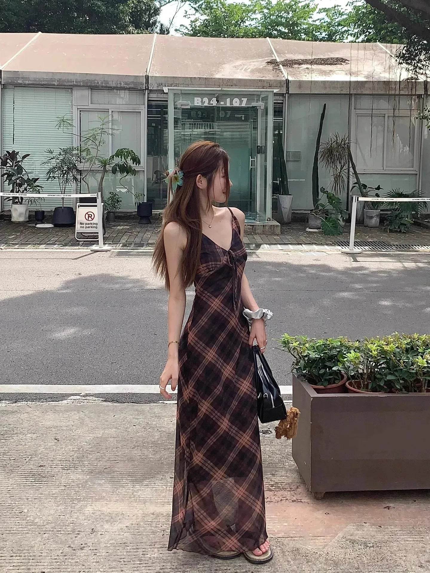 Women’s French Style Grid Strap Dress – Chic Summer Elegance - MODISH X