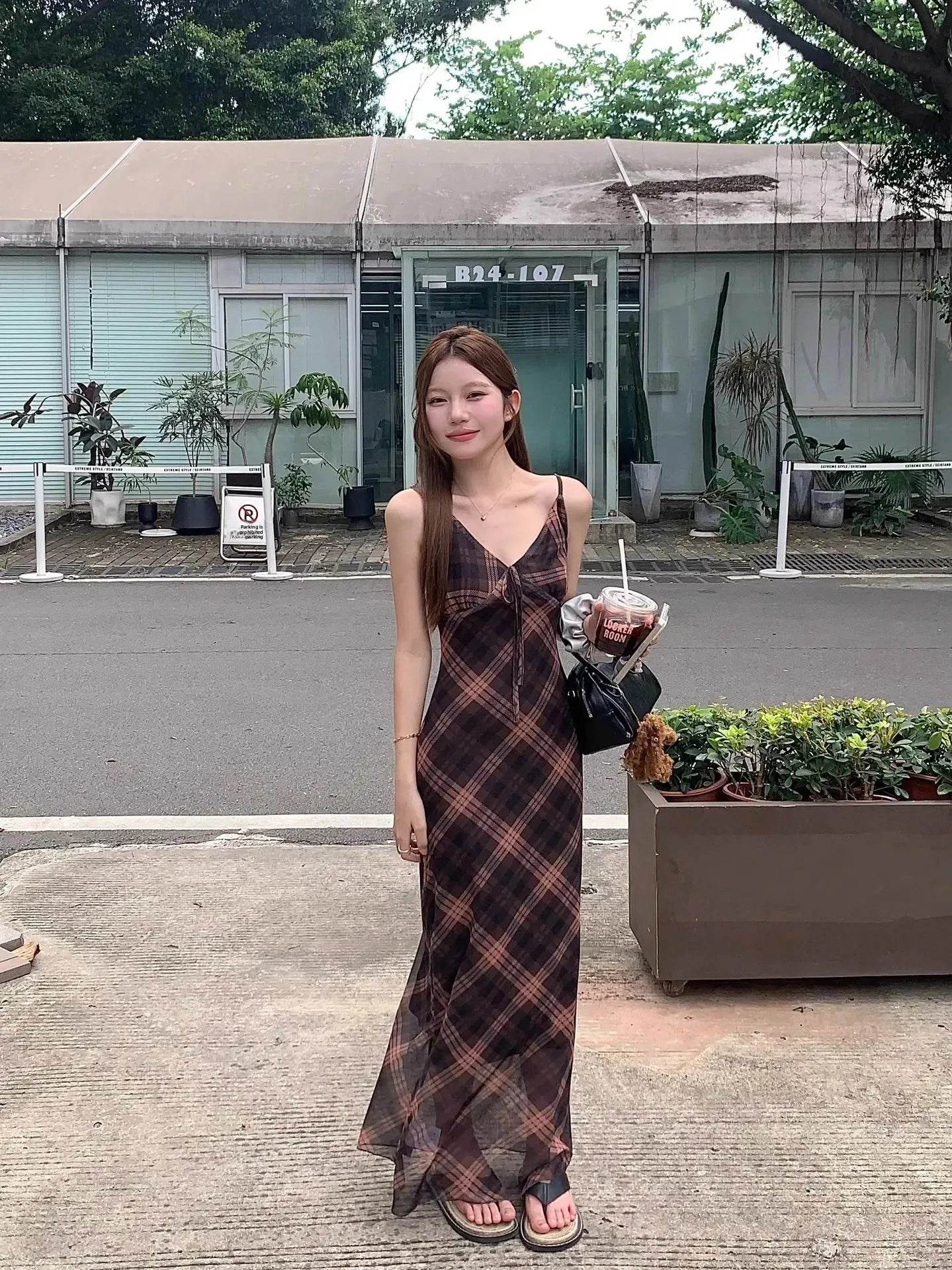 Women’s French Style Grid Strap Dress – Chic Summer Elegance - MODISH X