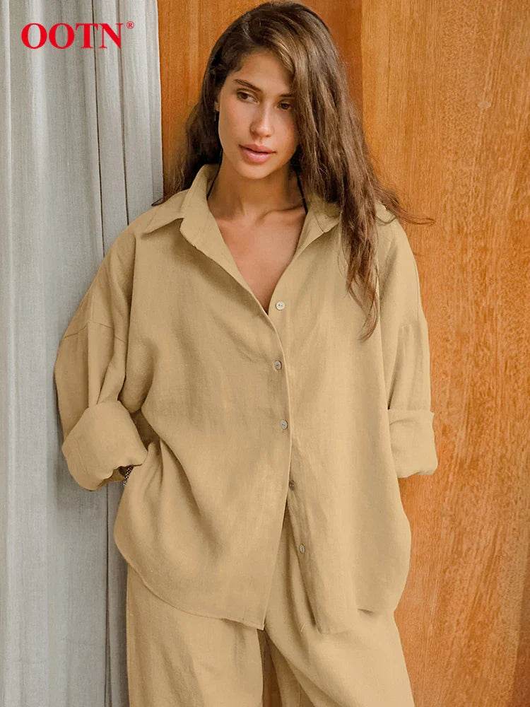 Women’s Khaki Linen 2-Piece Set – Stylish Summer Shirt & Pants Combo - MODISH X