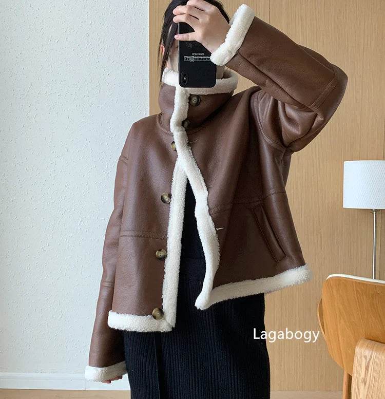 Lagabogy 2024 Winter New Faux Fur Fleece Short Coats Women Simple Stand Collar Lamb Wool Coat Office Lady Solid Color PU Jacket - MODISH X