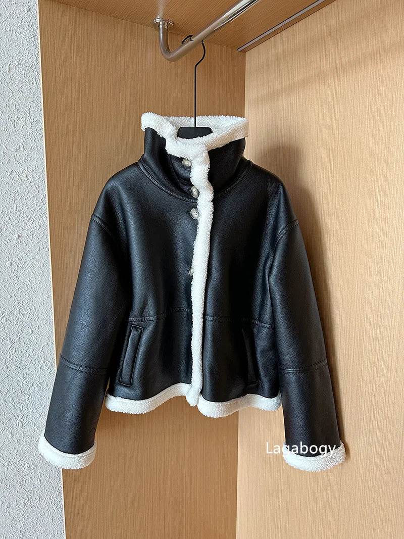 Lagabogy 2024 Winter New Faux Fur Fleece Short Coats Women Simple Stand Collar Lamb Wool Coat Office Lady Solid Color PU Jacket - MODISH X